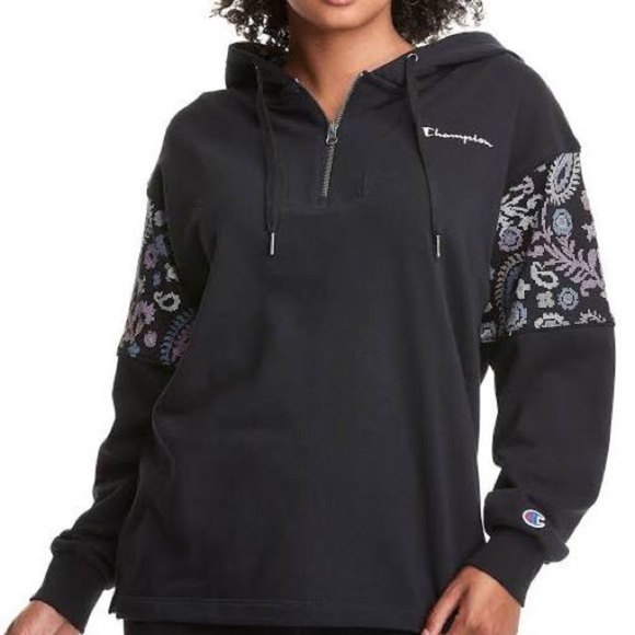 Champion Tops - Champion Campus French Terry Oversized 1/4 Zip Paisley Black Hoodie Sweatshirt S